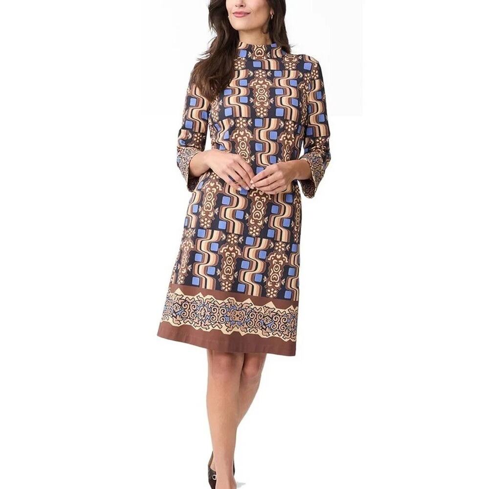 J McLaughlin Brown Turquoise Biscayne Polynesian Shift Dress Medium A004151 - Picture 2 of 8